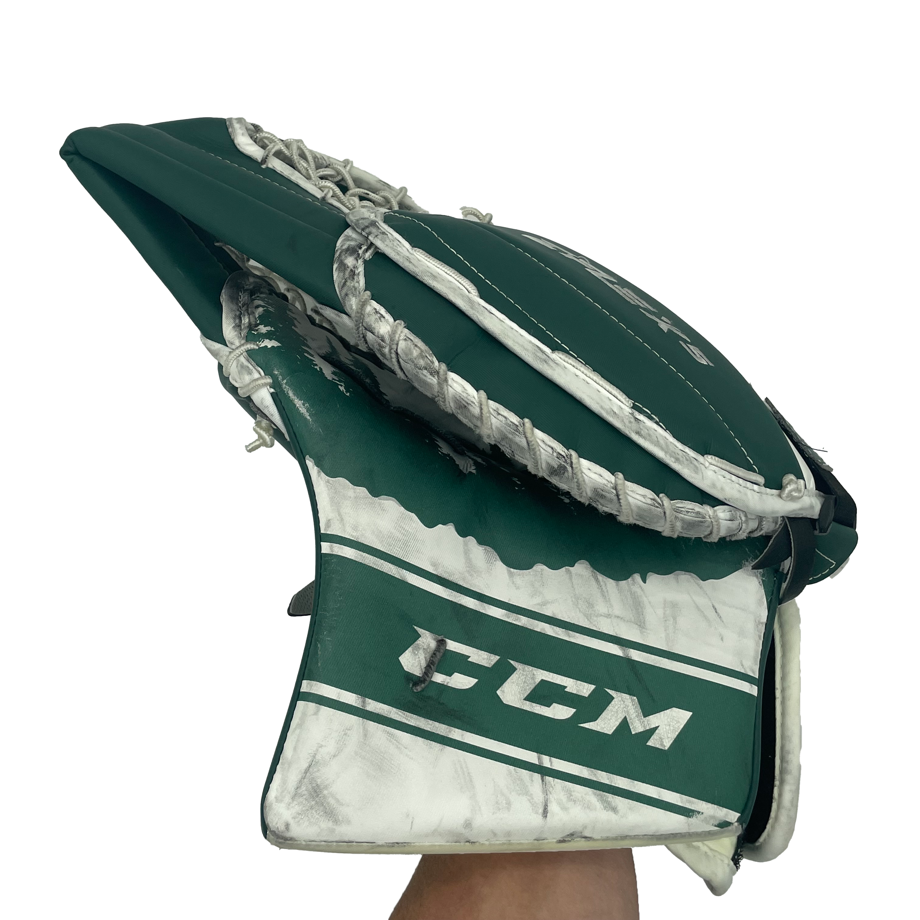 CCM Extreme Flex 5 - Gant de gardien de but Pro Stock d'occasion (blanc/vert)